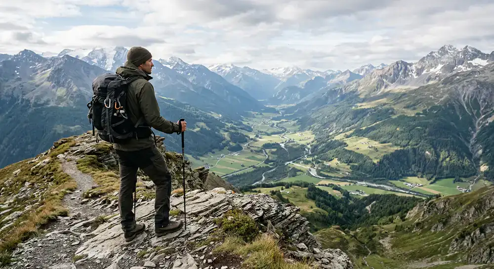 Wanderer in Abrentic Ausrüstung blickt über ein weites Alpental