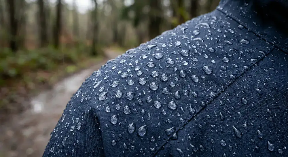 Nahaufnahme einer wasserabweisenden Abrentic Regenjacke mit Wassertropfen
