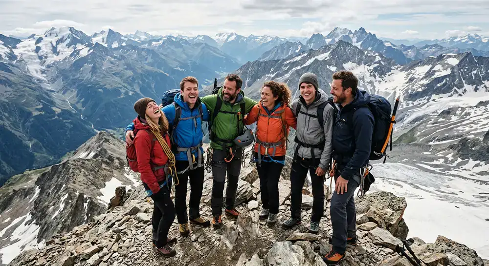 Eine Gruppe von Bergsteigern lacht gemeinsam auf einem felsigen Gipfel