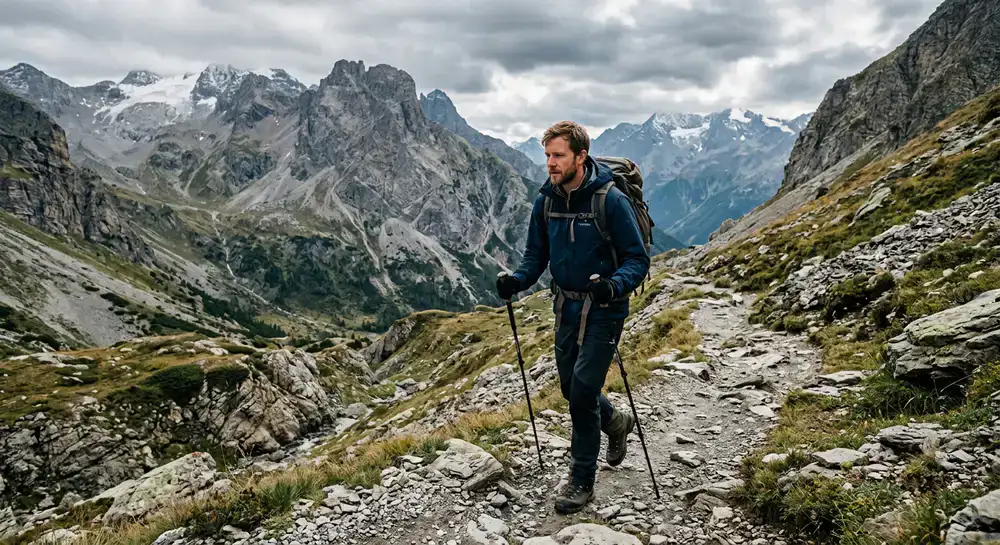 Wanderer in regenfester Jacke am Berg