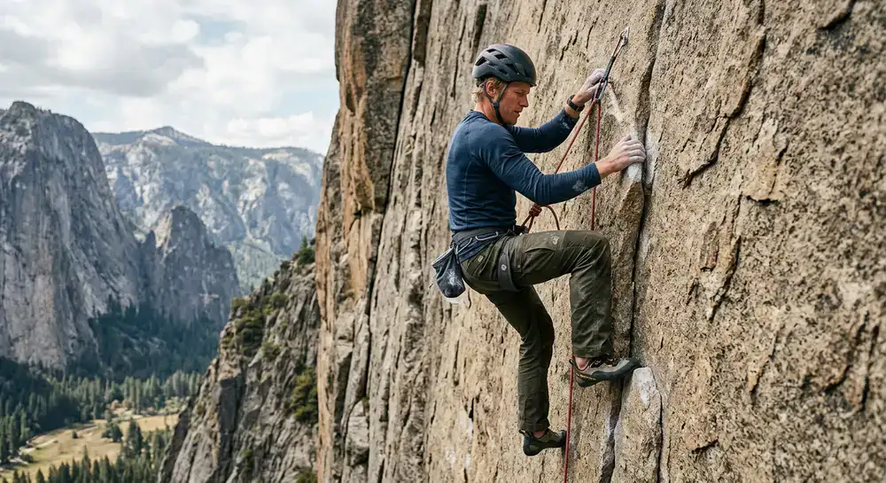 Kletterer mit robuster Outdoor-Hose am Fels