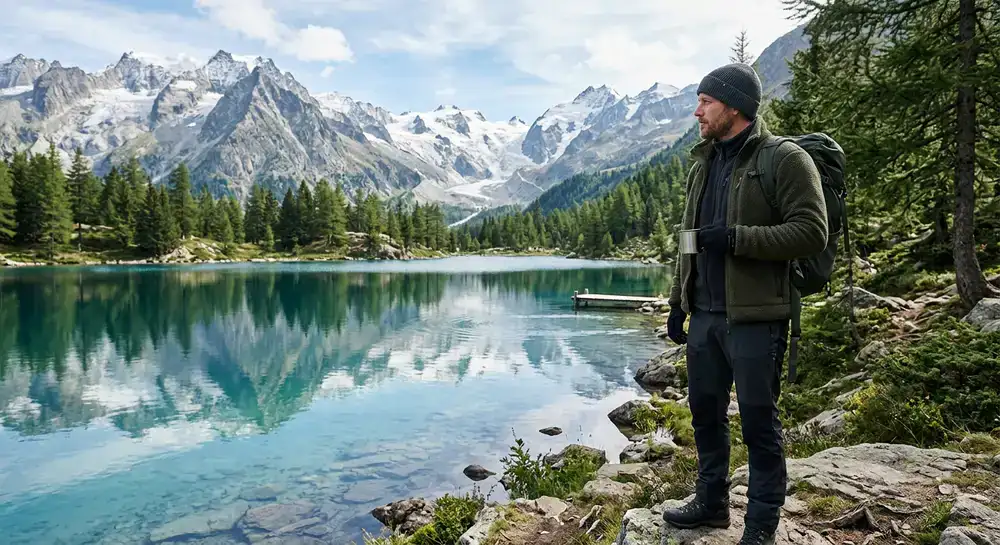 Person in Thermokleidung bei einer Pause
