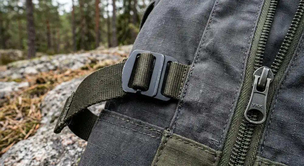 Nahaufnahme robuster Outdoor-Jacken-Materialien