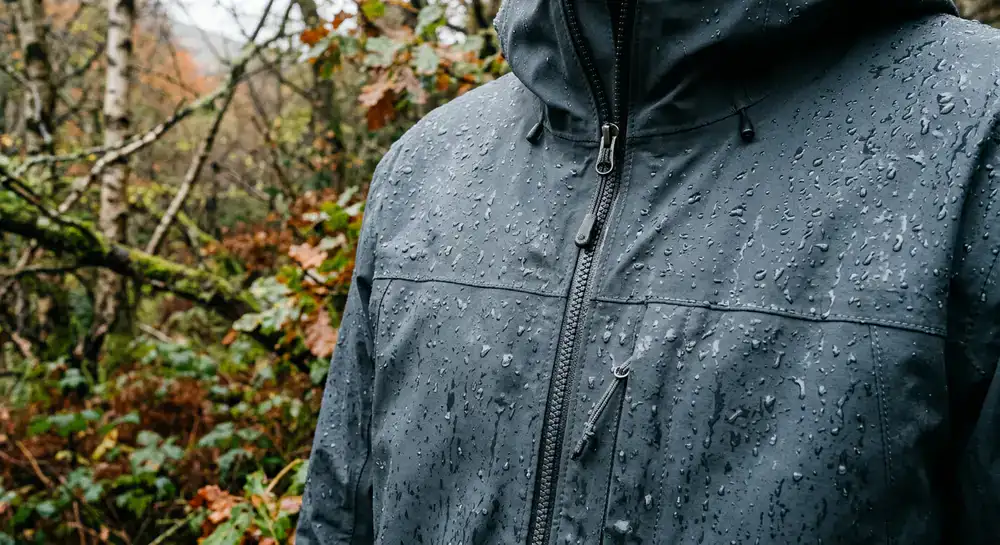 Nahaufnahme einer regnerischen Hardshell-Jacke in der Natur