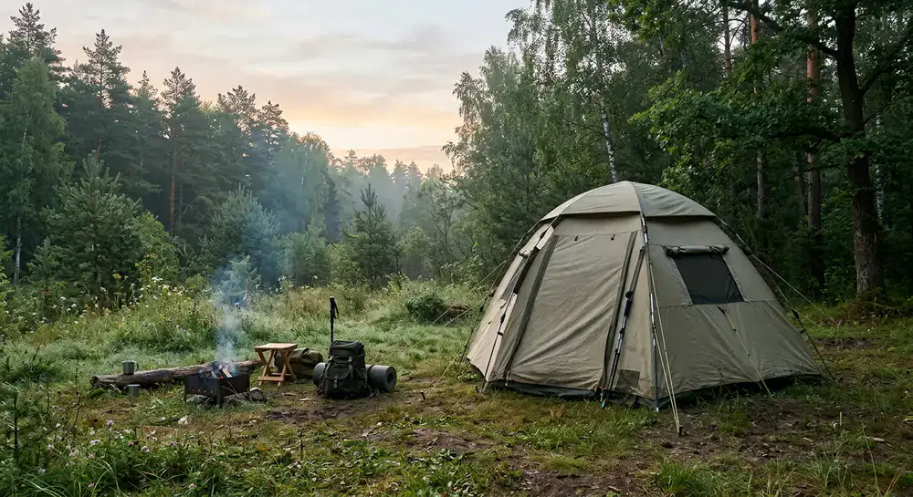 Ein robustes Zelt auf einer Waldlichtung im Morgengrauen