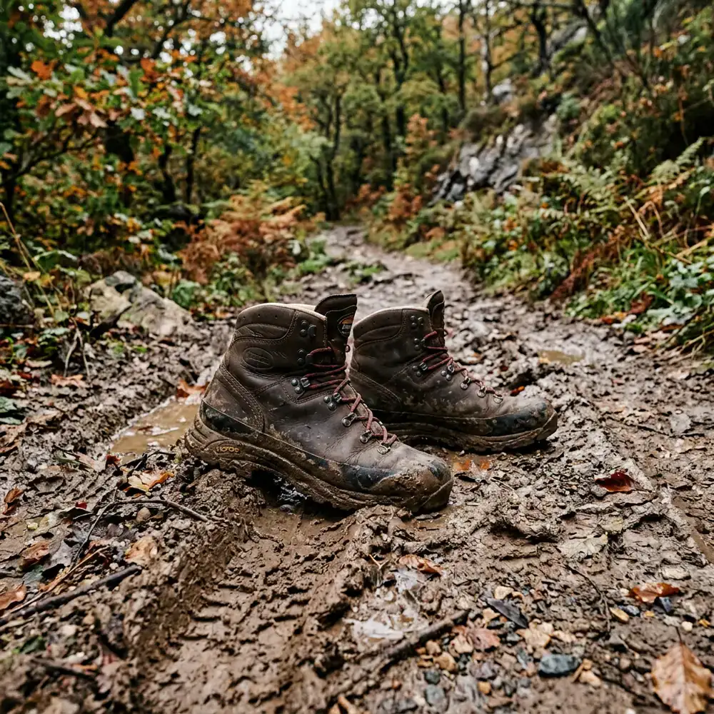 Wanderschuhe auf schlammigem Untergrund