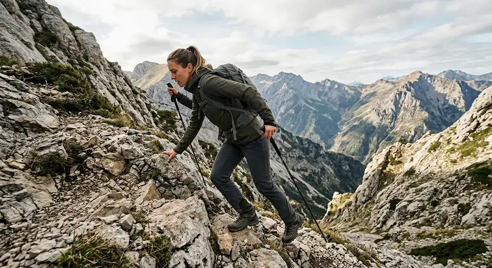 Eine Frau beim dynamischen Aufstieg über felsiges Terrain