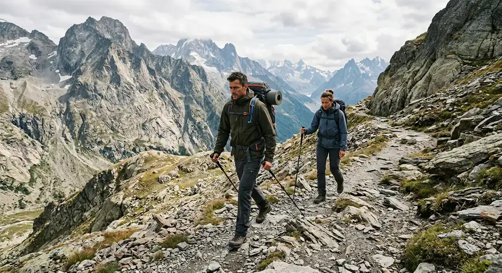 Zwei Wanderer in Abrentic Ausrüstung auf einem felsigen Alpenpfad