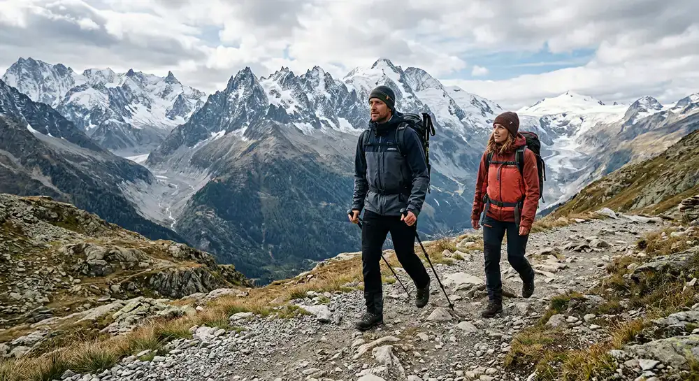 Zwei Wanderer in den österreichischen Alpen mit wetterfester Abrentic Ausrüstung