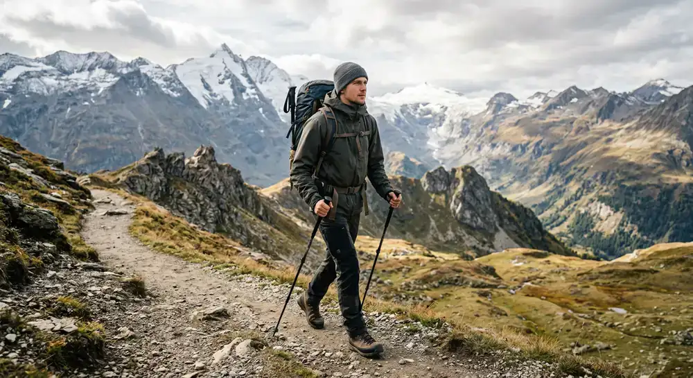 Wanderer in österreichischen Alpen mit wetterfester Ausrüstung